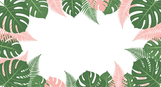 Background frame made of green monstera leaves and pink fern fronds creates a tropical border on a clean white space for text.