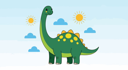 Cute Cartoon Brachiosaurus Illustration with Long Neck and Yellow Spots on Blue Sky Background for Kids and Nursery Design © anang