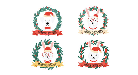 Fototapeta premium Set of four christmas wreaths featuring a dog and bunnies wearing santa hats and glasses with merry christmas ribbons on white.