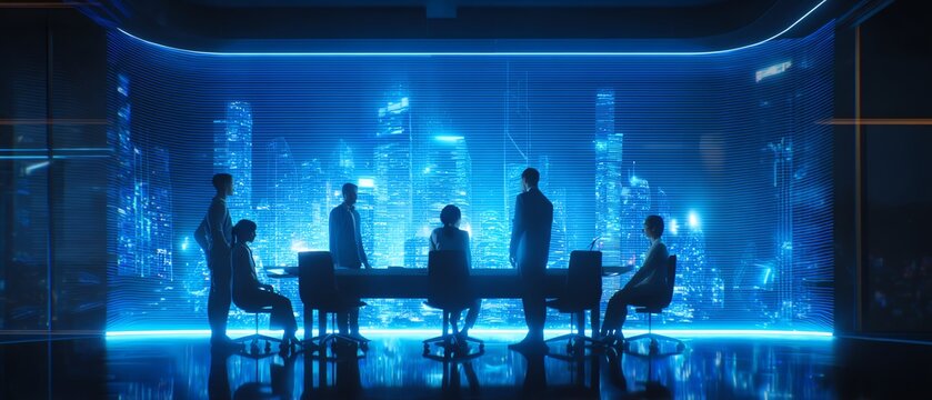 Futuristic business meeting in a neon cityscape.