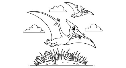 Pterodactyl Dinosaurs Flying in the Sky Coloring Page - Prehistoric Flying Reptile Vector Line Art for Children's Activity Books and Educational Worksheets © anang