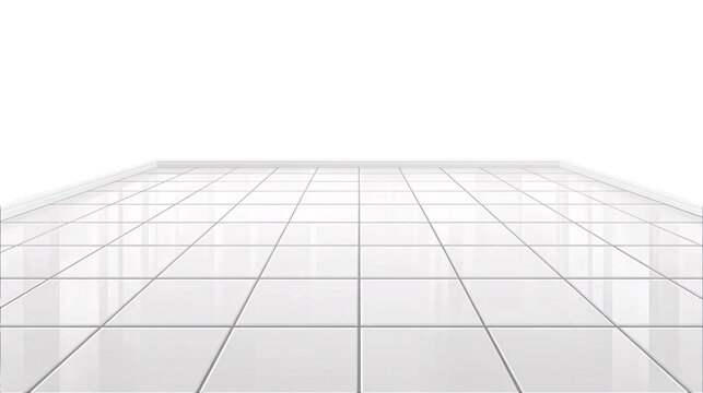 Glossy white square tile floor perspective isolated on Transparent Background