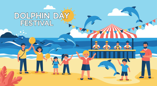 Happy family enjoying dolphin day festival on sandy beach. People are celebrating with balloons and watching dolphins jump from sea. Food stall and sunny sky complete festive scene.
