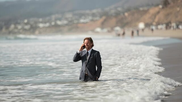 Businessman standing in ocean waves while talking on phone capturing surreal concept of persistence communication and stress in unpredictable environment with emotional depth and