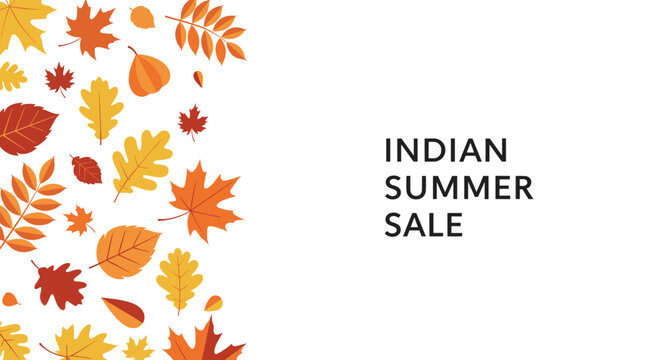 Background of falling autumn leaves on the left side with text reading indian summer sale on a clean white space on the right.