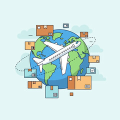 Naklejka premium Global Shipping Logistics: Airplane, Earth, Cargo Boxes, International Delivery Concept