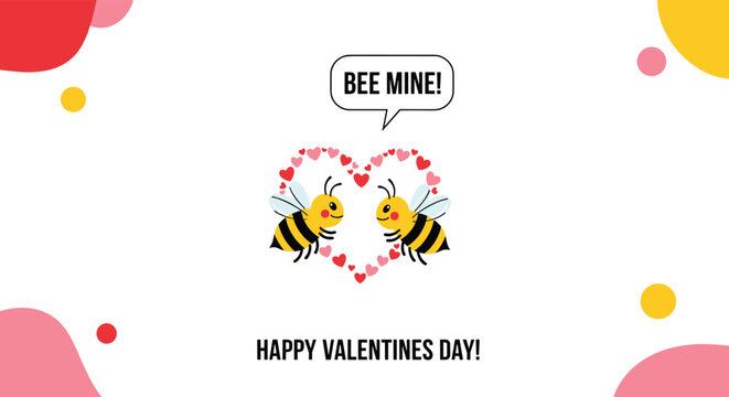 Romantic valentines day card showing two cute bees in a heart of smaller hearts with a bee mine pun speech bubble greeting.