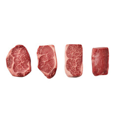 Fototapeta premium Four raw beef steaks with marbling isolated on a transparent background