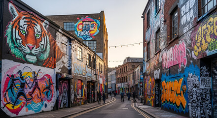Fototapeta premium Vibrant urban street art scene with colorful graffiti covering buildings, tiger head mural, cityscape, artistic expression, urban culture, daylight