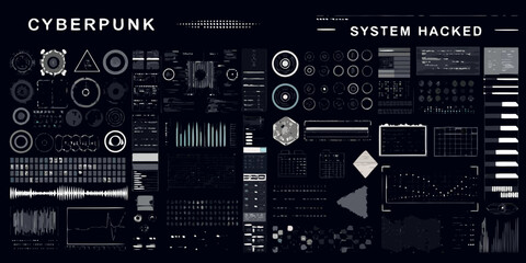 Fototapeta premium Cyberpunk system interface elements with digital graphics and a dark silhouette