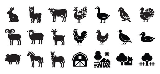Fototapeta premium Farm animals and rural life icon set featuring livestock, poultry, barn, and countryside elements. Solid bold glyph vector suitable for agriculture, farming, organic food, and rural themes.