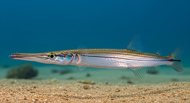 Pearly razorfish swimming above a sandy seabed in clear blue water