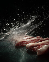 Fototapeta premium Water Splash on Fresh Meat: Dynamic splash of water dramatically striking succulent raw meat, capturing the essence of freshness and culinary delight.