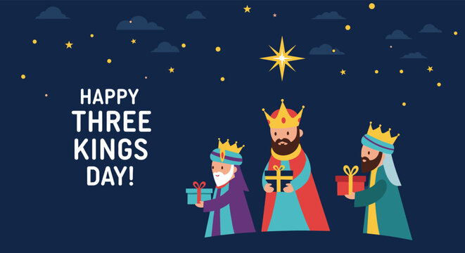 Greeting card for happy three kings day featuring the three wise men carrying gifts under a bright star in a night sky.