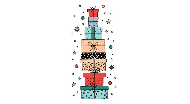 Vertical stack of colorful gift boxes with ribbons and polka dots surrounded by stars and confetti on a white background.