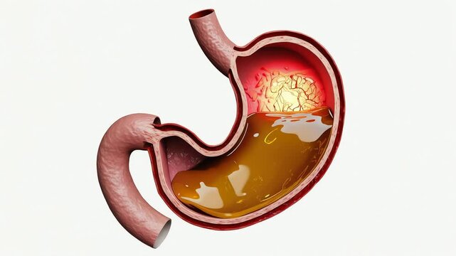 Inside stomach environment, stomach acid liquid moving, acid slowly damaging stomach wall surface
