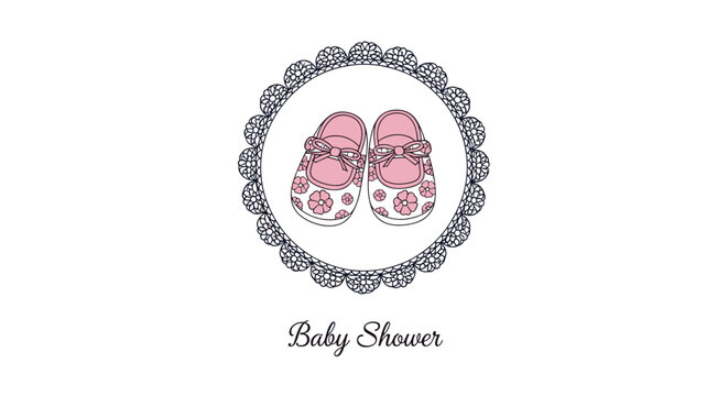 Decorative baby shower card featuring a pair of pink floral infant shoes inside a delicate lace frame on white background.