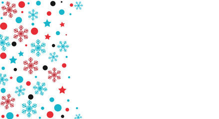 Fototapeta premium Winter background with colorful snowflakes dots and stars arranged along the left border for a festive holiday layout.