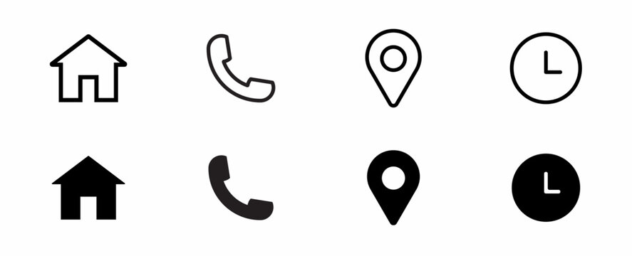 Set of company connection business card curriculum vitae icon set. home, phone, location, clock, vector. illustration vector