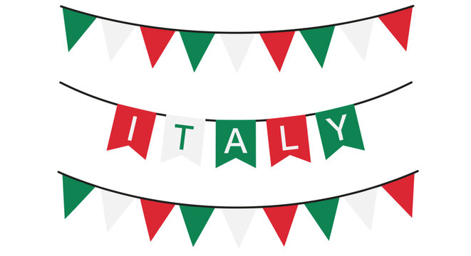 National pride bunting with green white and red flags for Italy celebration including flags spelling out the word.