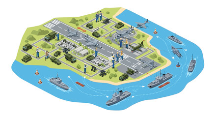 Isometric 3D illustration features a military naval base with warships docked at the shipyard, alongside a maritime facility and navy ships, all meticulously planned on a strategic map © Mukhamad