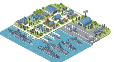 Isometric 3D illustration showing a military naval base facility with warships docked at the shipyard, featuring strategic planning layouts and logistics against a clean white background © Mukhamad