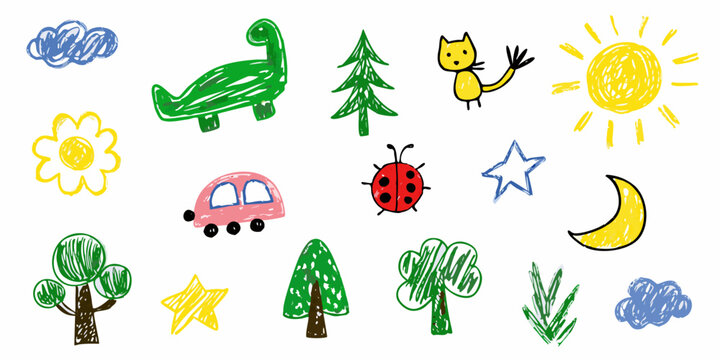 Child s crayon drawing of nature and objects a playful silhouette