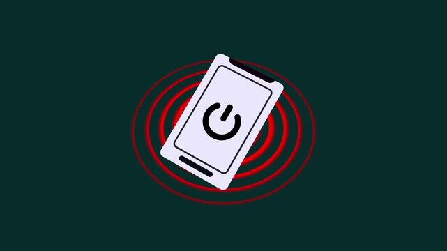 White Smart phone with power off Icon and red Concentric Rings on Dark green Background mobile phone, white smart phone Inside red concentric rings animation on green background.