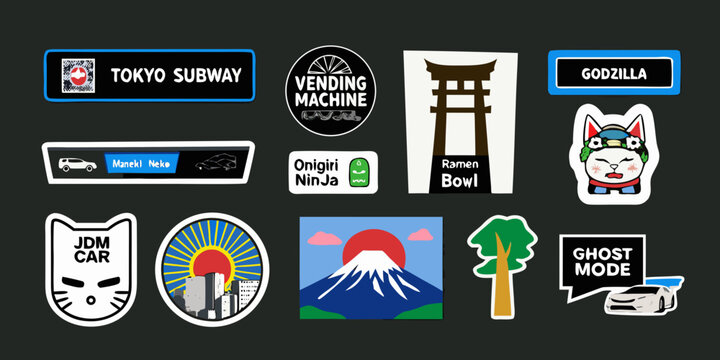 Japanese themed stickers featuring cityscapes and cultural icons silhouette