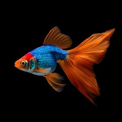 Fototapeta premium Colorful Betta Fish with Orange Flowing Tail on Black Background
