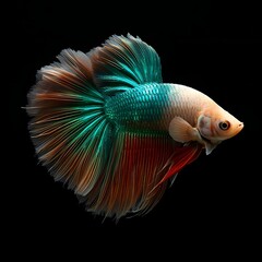 Fototapeta premium Elegant Betta Fish with Flowing Fins Isolated on Black Background