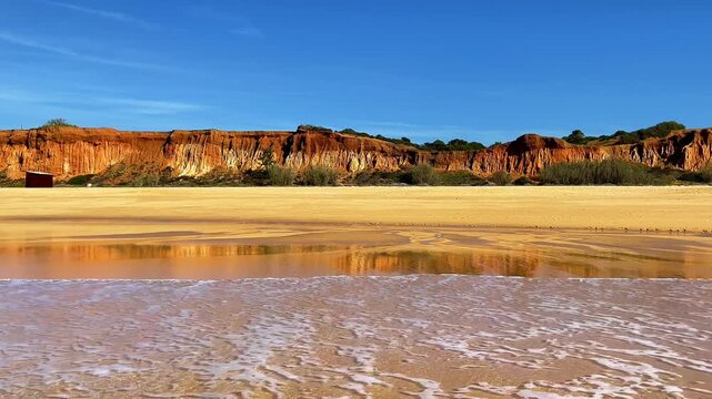 Wide shot of red sandstone cliffs and sandy beach in Algarve, Portugal