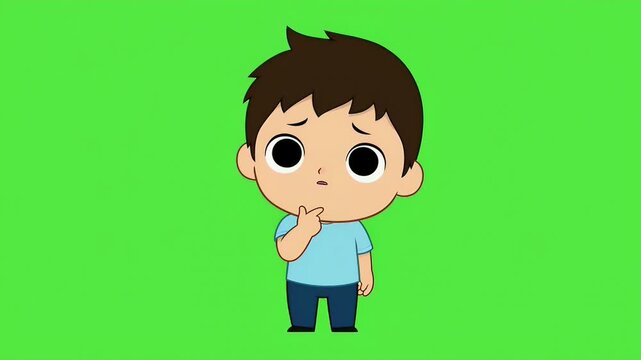 Cartoon boy thinking on green screen.