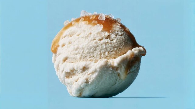 Single scoop of creamy vanilla ice cream floating on blue background showing minimal composition smooth texture and fresh dessert appeal in a clean modern studio setup