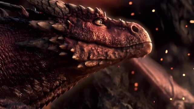 Dragon resting. Fantasy art portrait real red dragon head close-up sharp teeth beautiful eyes muzzle in dark gray-green scales, spikes. Creative big dinosaur toy of Jurassic period. Background summer 