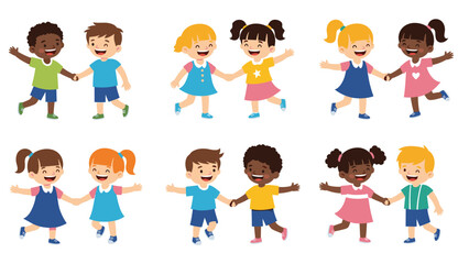 Fototapeta premium Group of diverse young children holding hands and dancing together in pairs with happy facial expressions on a clean white background.