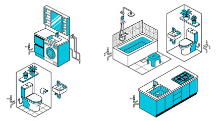 Fototapeta premium Isometric Interior Design Icons of Modern Kitchen and Bathroom Modules with Plumbing Details, Featuring Sink, Toilet, Bathtub, and Washing Machine