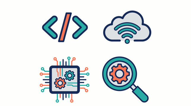 A collection of colorful coding and technology icons on a white background