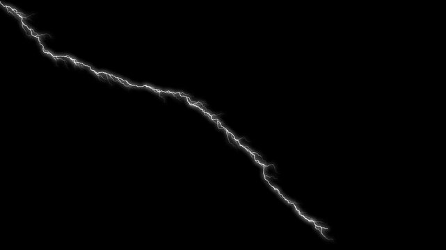 Lightning bolt thunderstorm strike animation, realistic electric lightning flash isolated on black background with glow and energy discharge, high voltage electricity VFX element for compositing.