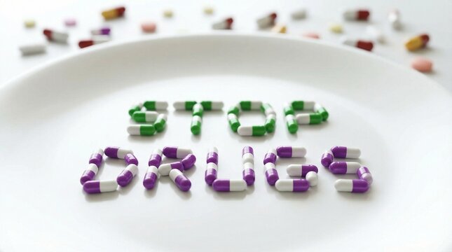 Stop Drugs message spelled out with colorful pills and capsules on a white plate.