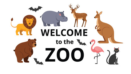 Fototapeta premium Welcome to the zoo sign is surrounded by diverse wild animals such as a lion hippo bear kangaroo and pink flamingo.