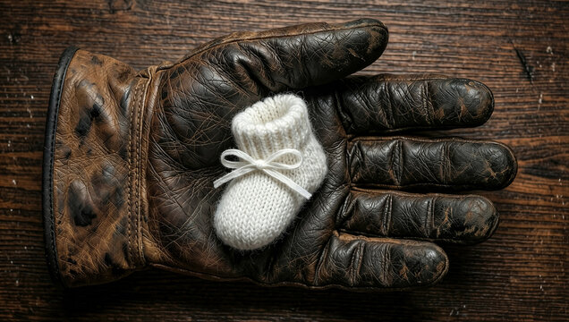 Tiny white baby bootie resting on a worn leather work glove, generation and legacy concept