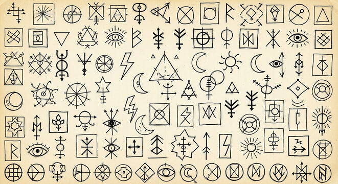 Collection of various mystical symbols and signs on a beige background, including eyes, moons, suns, stars, and geometric shapes.