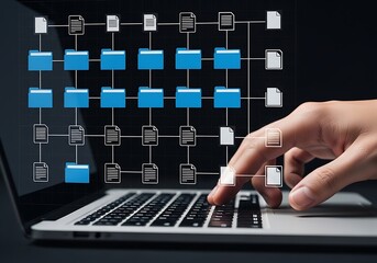 Obraz premium Digital network diagram overlaying a laptop with a person's hand typing