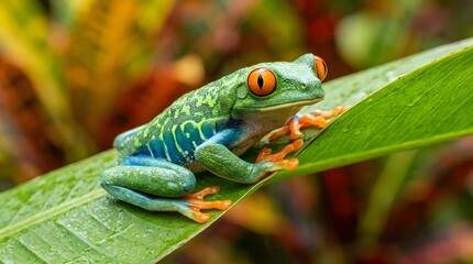 Obraz premium Colorful red-eyed tree frog perched on a vibrant green leaf
