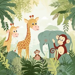 Naklejka premium Whimsical jungle scene depicts giraffes, elephant, monkeys amidst lush green foliage, creating playful atmosphere.