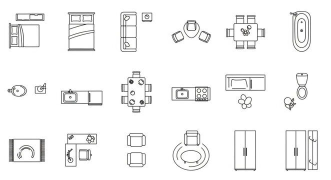 Architectural Floor Plan Symbols - Furniture and Fixtures for Interior Design.