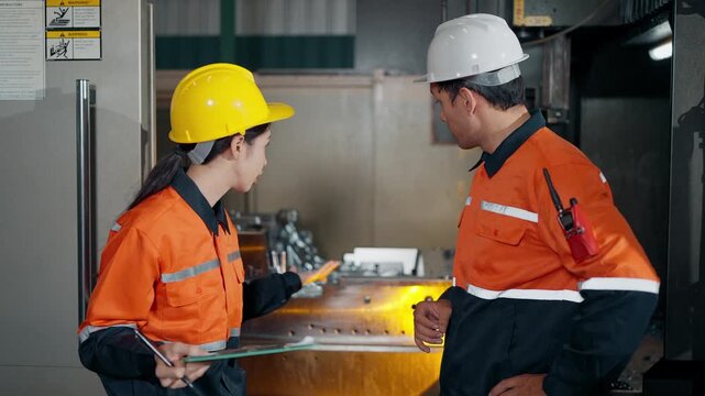 Industrial Insight: Two engineers, clad in safety gear, intently examine machinery in a bustling industrial setting, collaborating to ensure precision and efficiency.