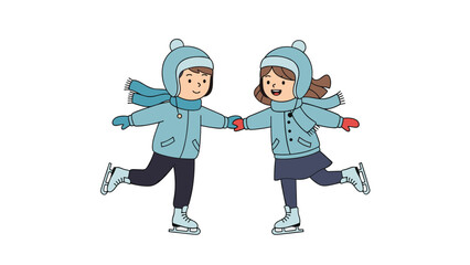 Fototapeta premium Cute cartoon boy and girl wearing warm winter clothes holding hands and ice skating happily together on a white background.