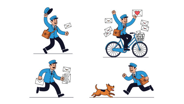 Set of four illustrations showing a friendly postman delivering mail on foot, by bicycle, and running from a small dog.